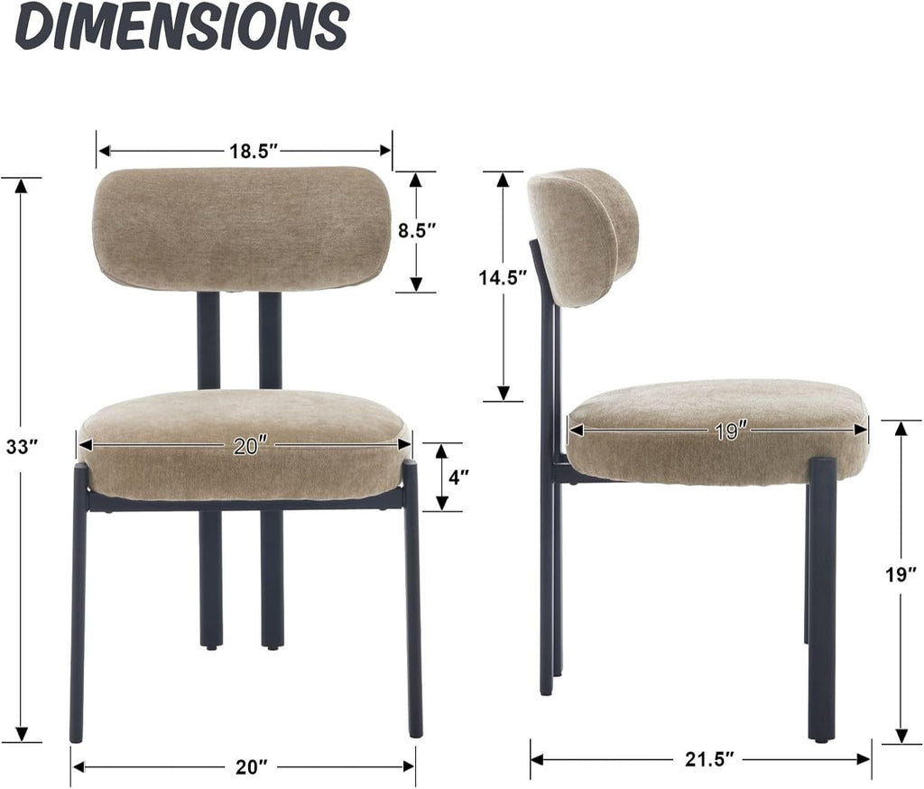 Chenille Dining Chairs Set of 2, Modern Curved Back Armless Kitchen Chairs with Black Metal Legs Upholstered Dining Room Chairs Reception Chairs for Living Room Office Restaurant, Khaki