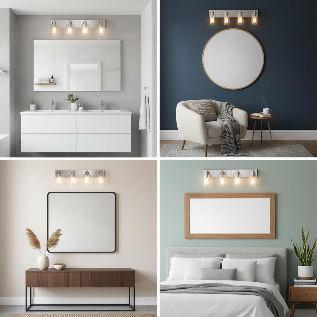 4-Light Bathroom Vanity Light Fixtures, Modern Bathroom Light Fixture with Clear Glass Brushed Nickel Finish Vanity