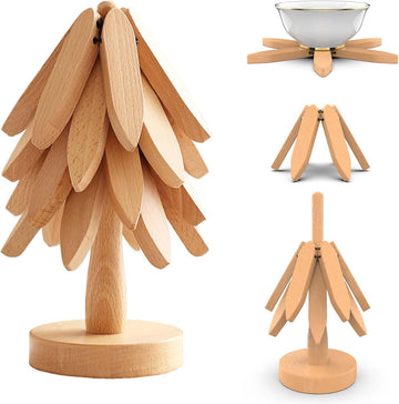 Wooden Trivets for Hot Dishes,Tree Shape Trivet Set, 4 Wooden Trivets+1 Stand, Natural Foldable Kitchen Wooden Trivet