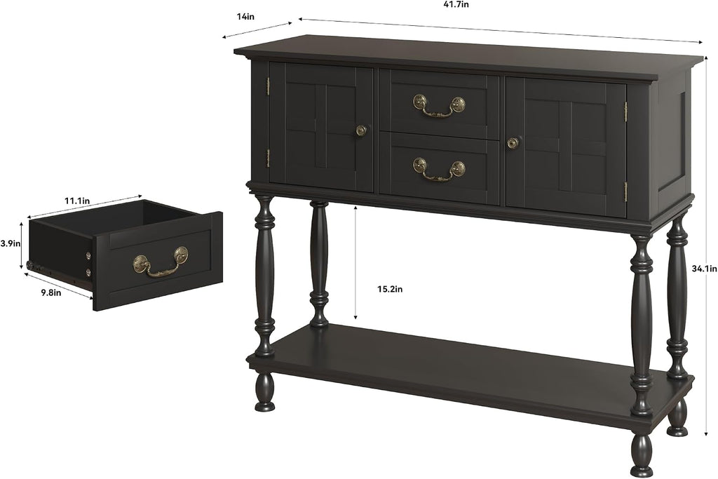 Farmhouse Console Table with Storage, Narrow Entryway Table with 2 Drawers & 2 Door Cabinets, Sofa Table Behind Couch