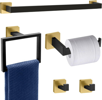 5 Piece Black and Gold Towel Bar Set - Gold and Black Bathroom Accessories with 2 Towel Hook, Stainless Steel Wall