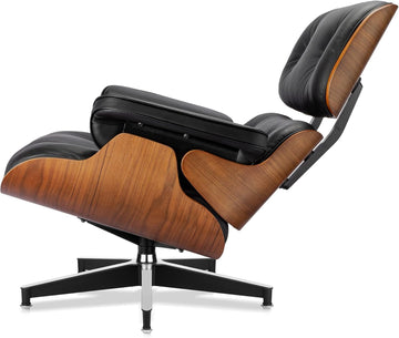 Mid-Century Modern Lounge Chair & Ottoman — Black Bonded Grain Leather, Light Walnut Base, Extended Chaise