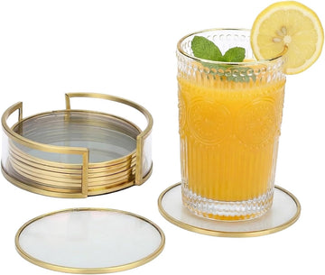 Glass Coaster Drink Coasters with Holder, Gold Brass-Coated - Set of 8