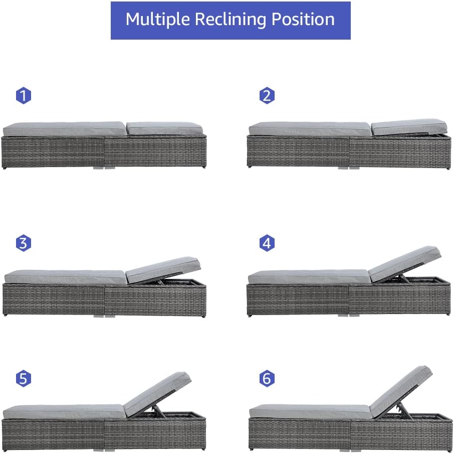 Outdoor Patio Chaise Lounge Chair, Grey Wicker, Light Grey | Reclining Adjustable PE Rattan Lounge Chair Sun Lounger