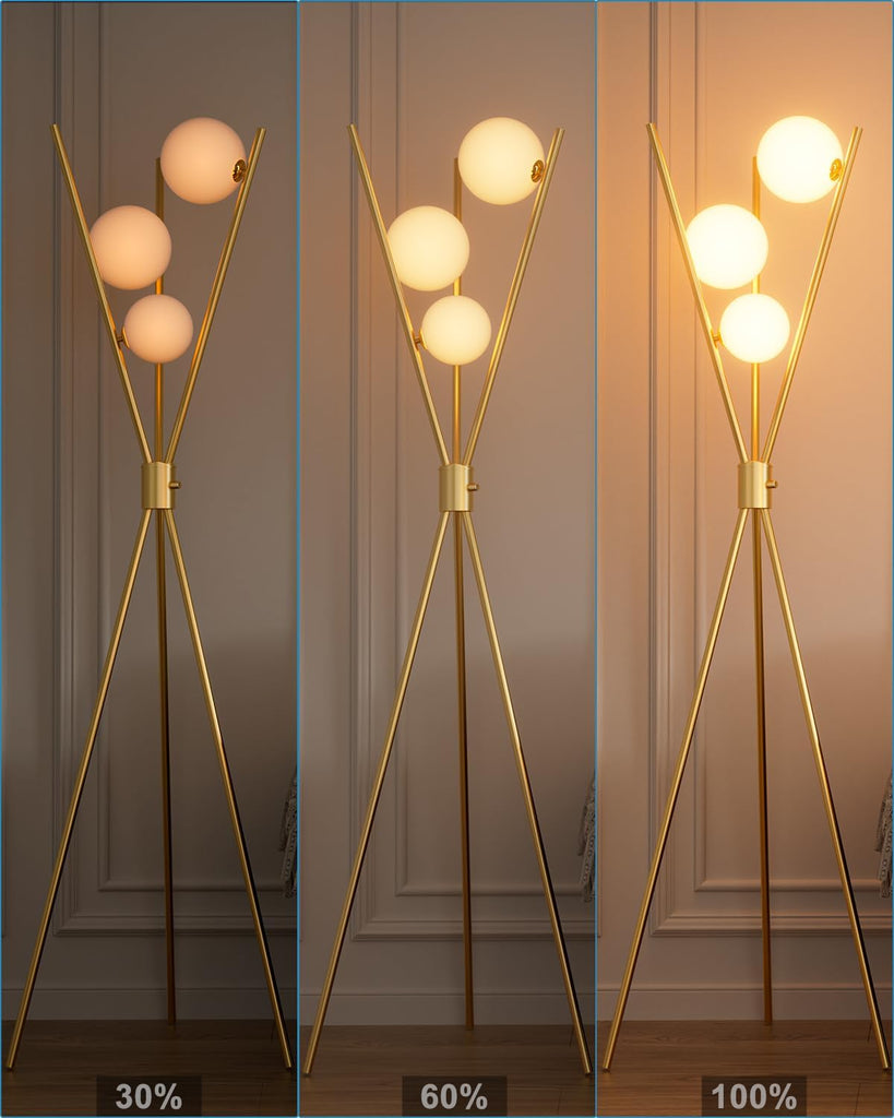 Tripod Floor Lamp Stepless Dimmable Globe Modern Floor Lamp Gold Standing Lamps with Stable Base& 3PCS 3000K Bulbs