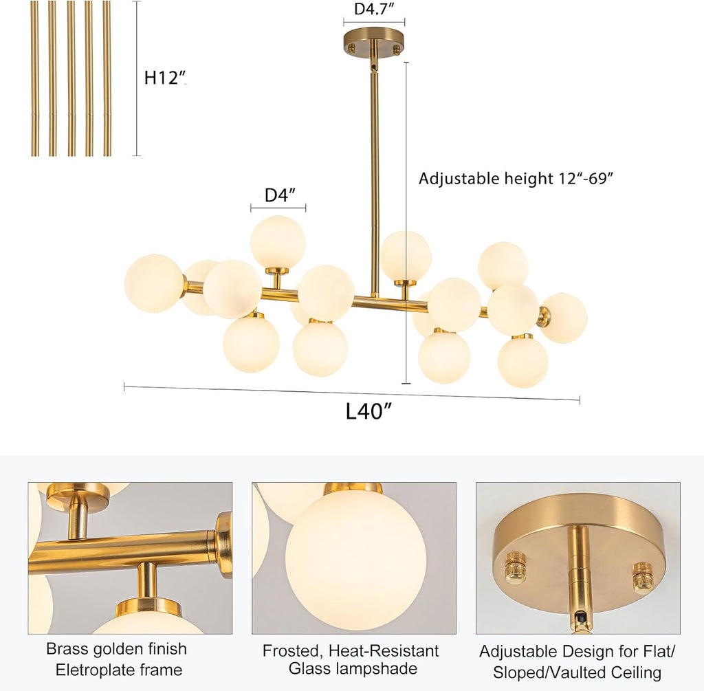 Modern Gold Chandelier Rectangle Pendant Light Sputnik Chandeliers Hanging Light Fixture 16-Light