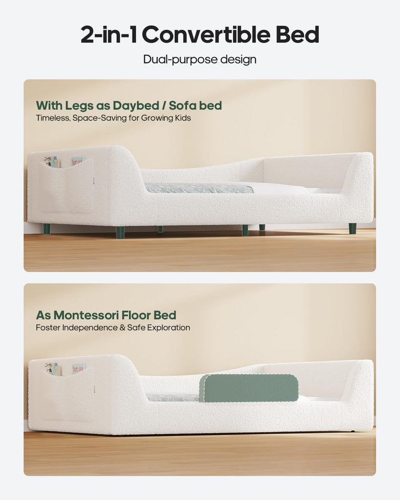 Twin Floor Bed, Low Montessori 2-in-1 Beds, Slats, High Rails, Upholstered | 2-in-1 Convertible Bed Frame, Curved