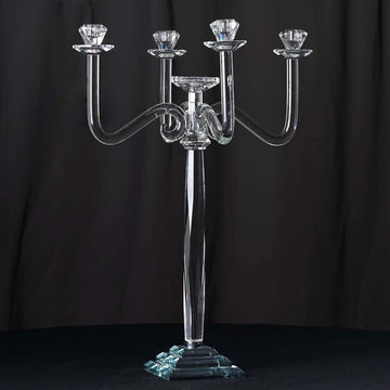 27" Tall Handcrafted Gem Cut 5 Arm Crystal Modern Glass Candelabra Candle Holder Wedding Centerpiece