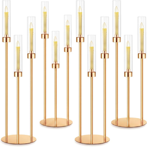 4 Set 3 Arm Candelabra Centerpiece 33.8 Inch Candle Holder Gold Candelabra Metal Floor Pillar Candlesticks for Tables