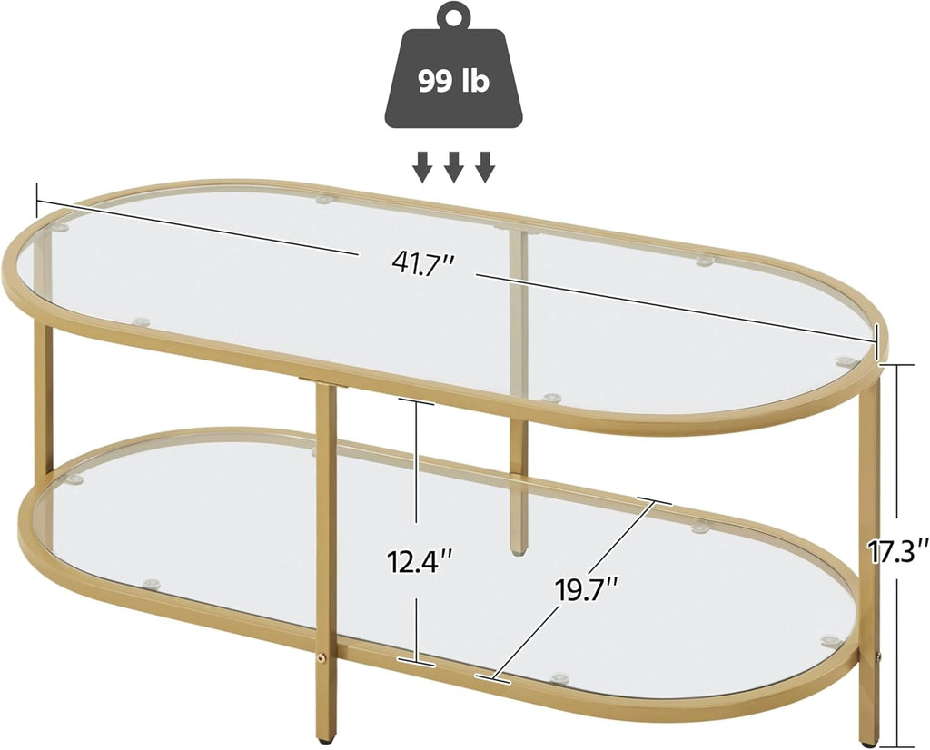 42" Oval Glass Coffee Table, 2-Tier Center Table with Storage Shelf for Small Space, Office
