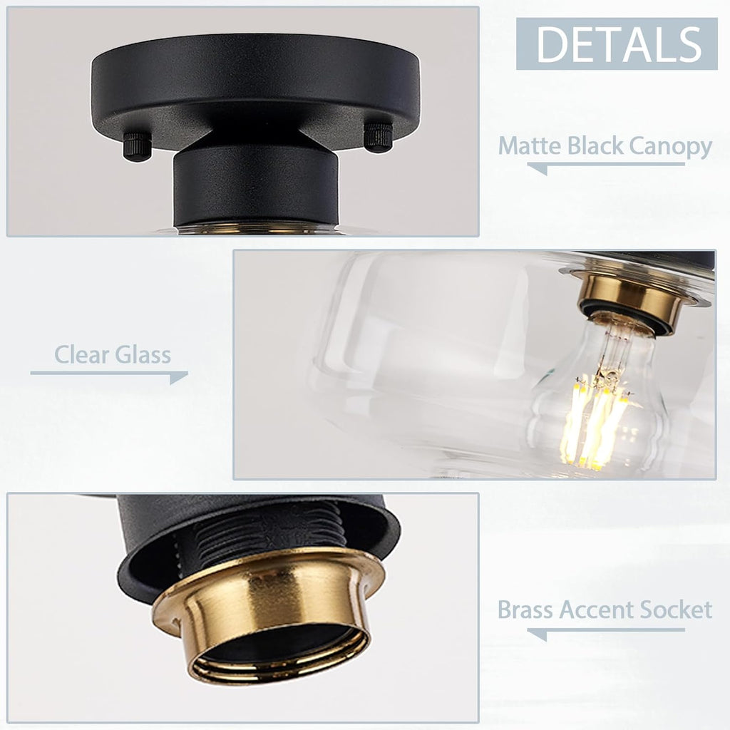 Semi Flush Mount Ceiling Light, 10.24" Modern Farmhouse | Clear Glass Light Fixture with Matte Black Finish, E26 Base