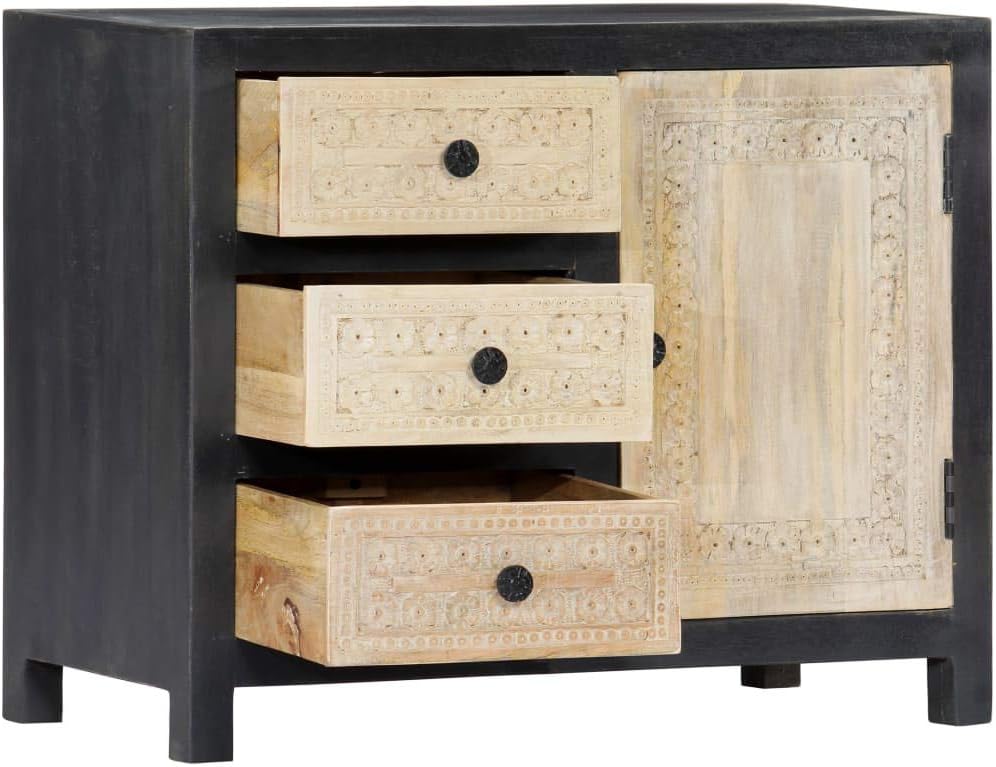 Hand Carved Side Cabinet, Solid Mango Wood Accent Storage Chest with 3 Drawers and 1 Door, Decorative Bedside