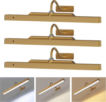 3 Pack 16" Antique Brass Rechargeable Picture Lights with Remote, Cordless Dimmable Art Lights