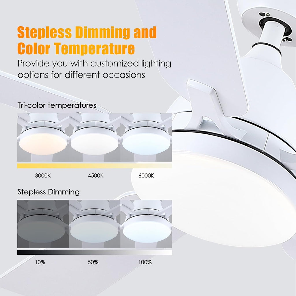 Ceiling Fans with Lights, 52inch Low Profile Ceiling Fan with Light and Remote Control,Reversible, 3CCT, Dimmable, Quiet, White Ceiling Fan for Bedroom Indoor/Outdoor Use