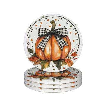 Autumn Bow Pumpkin Coasters for Drinks Fall Maple Leaves Absorbent Ceramic Coaster Set of 4 for Coffee Table Cup Bar