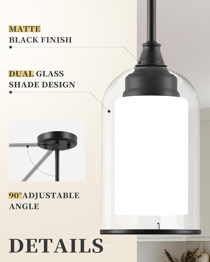 2 Pack Pendant Lights Kitchen Island, Dual Glass Pendant Lights, Black Hanging Lamp with Clear and Milk Glass