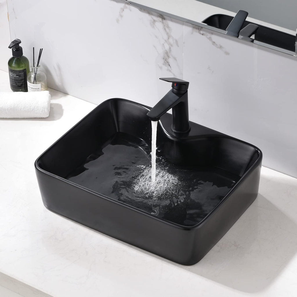Black Bathroom Sink and Faucet Combo -VOKIM 19"x15" Bathroom Vessel Sink Rectangle Above Counter Matte Black Porcelain