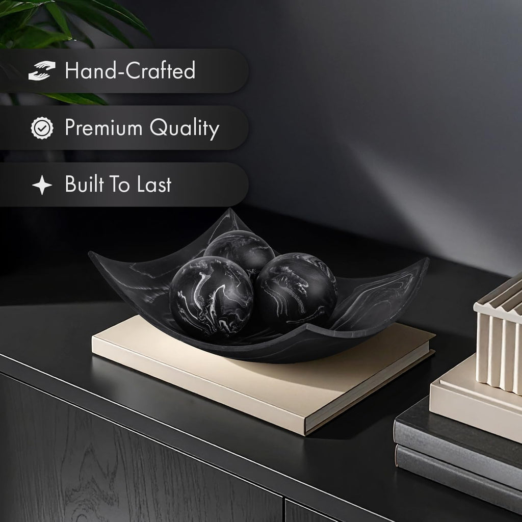 Black Marble Look Decorative Bowl, Coffee Table Decor for Living/Dining Room, Modern Black Catch-All Key Dish