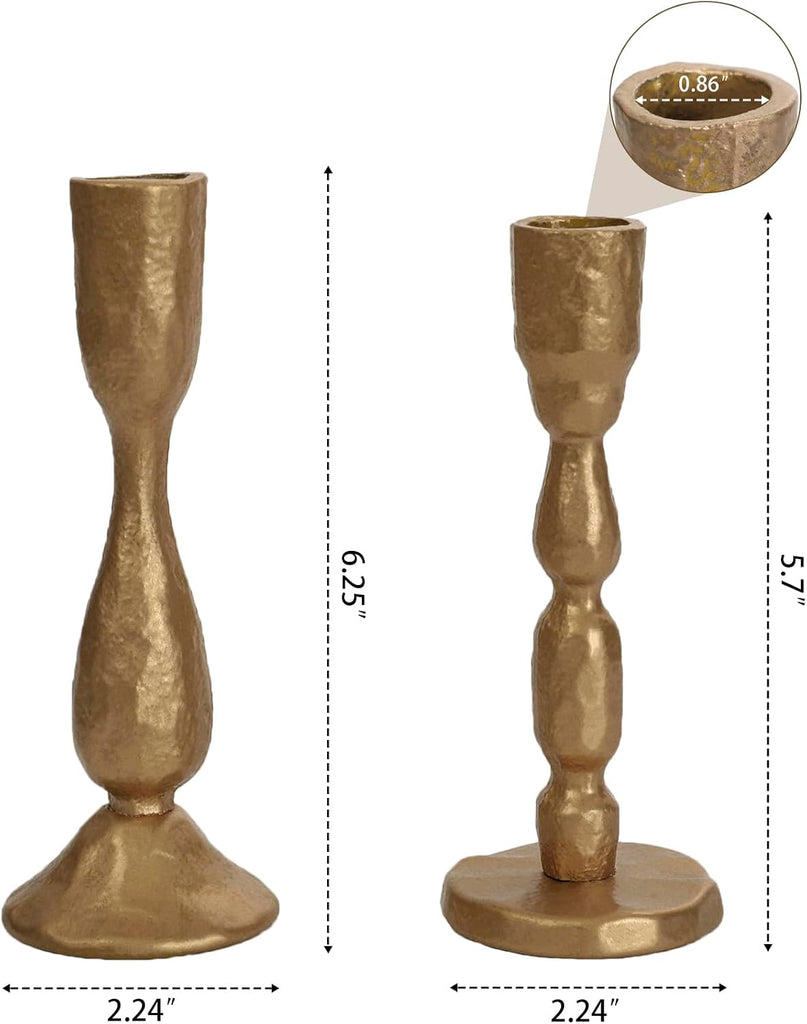 Antique Brass Handcrafted Iron Taper Candle Holders - Set of 2 Decorative Candlesticks for Weddings, Dining, and