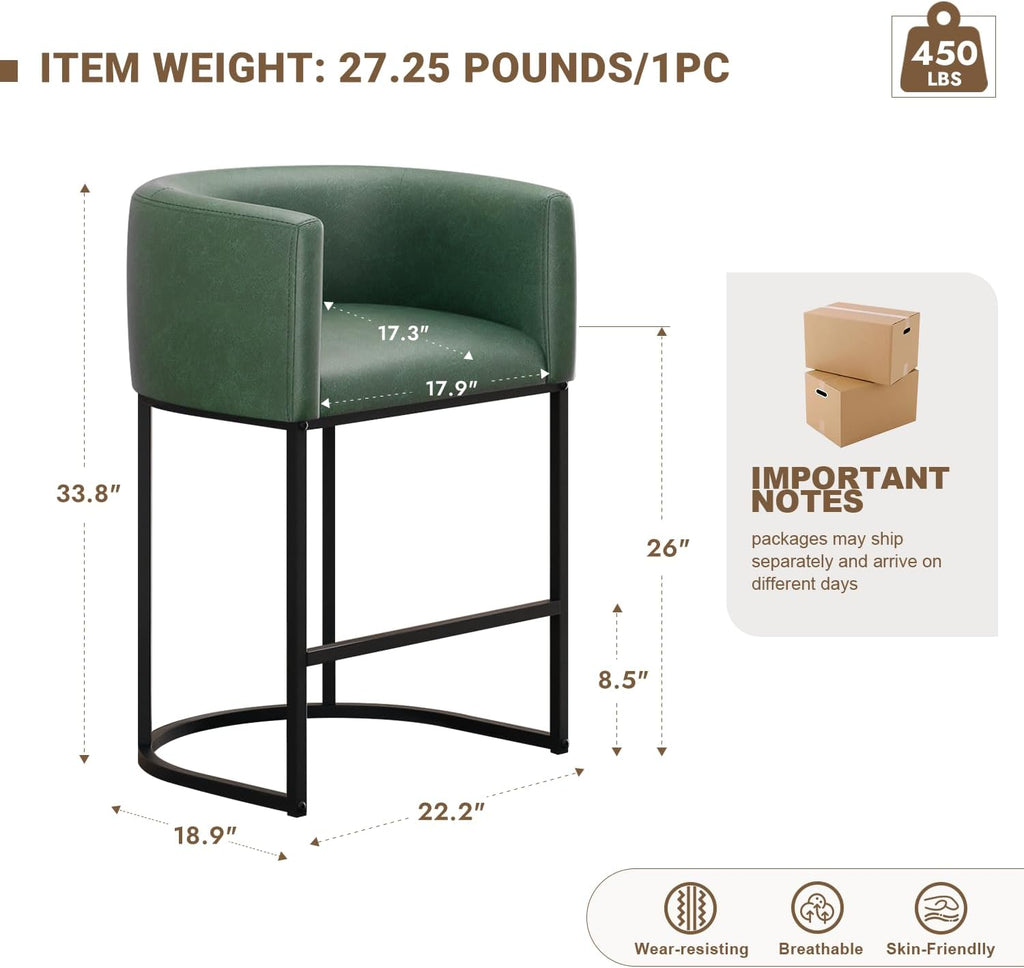 26" H Counter Height Bar Stools Set of 4, Modern Barrel Counter Stools with Backrest and Arms, Faux Leather