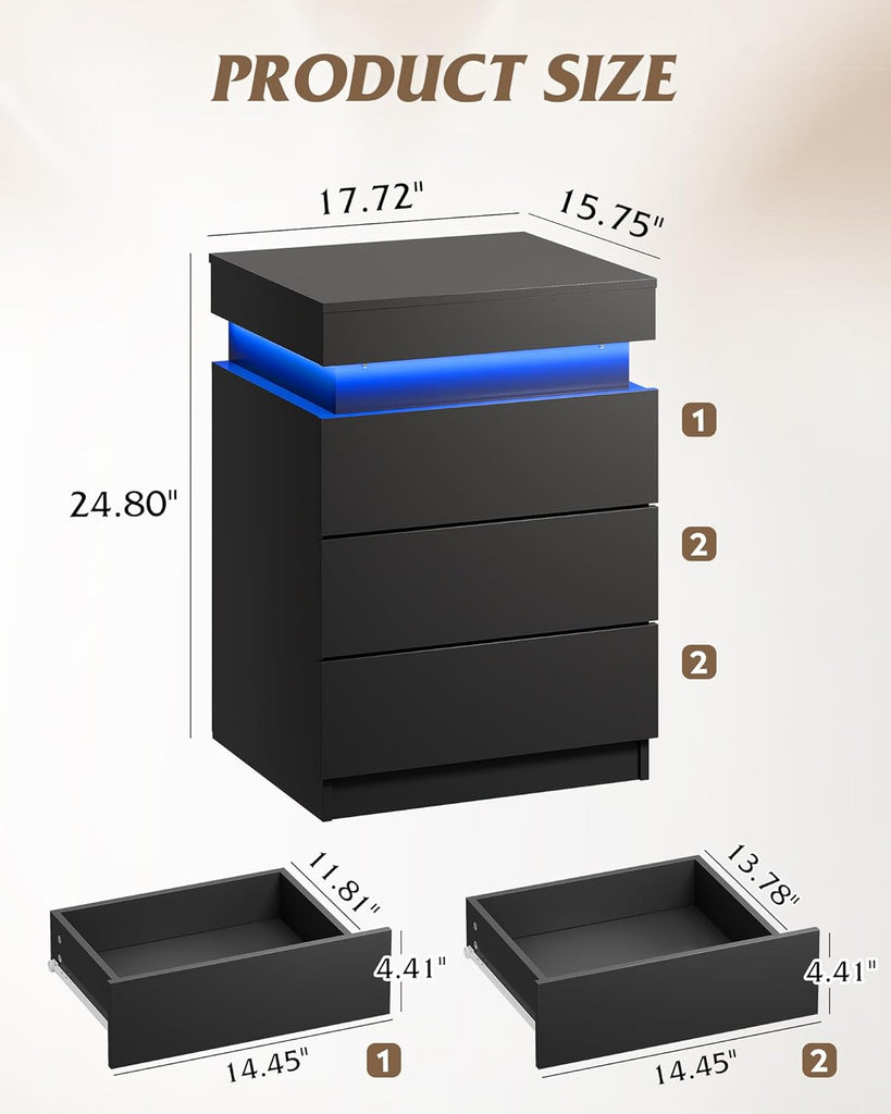 Black Nightstand with Charging Station & LED Lights, Modern Night Stand with 3 Drawers and Sliding Top, Bedside Table