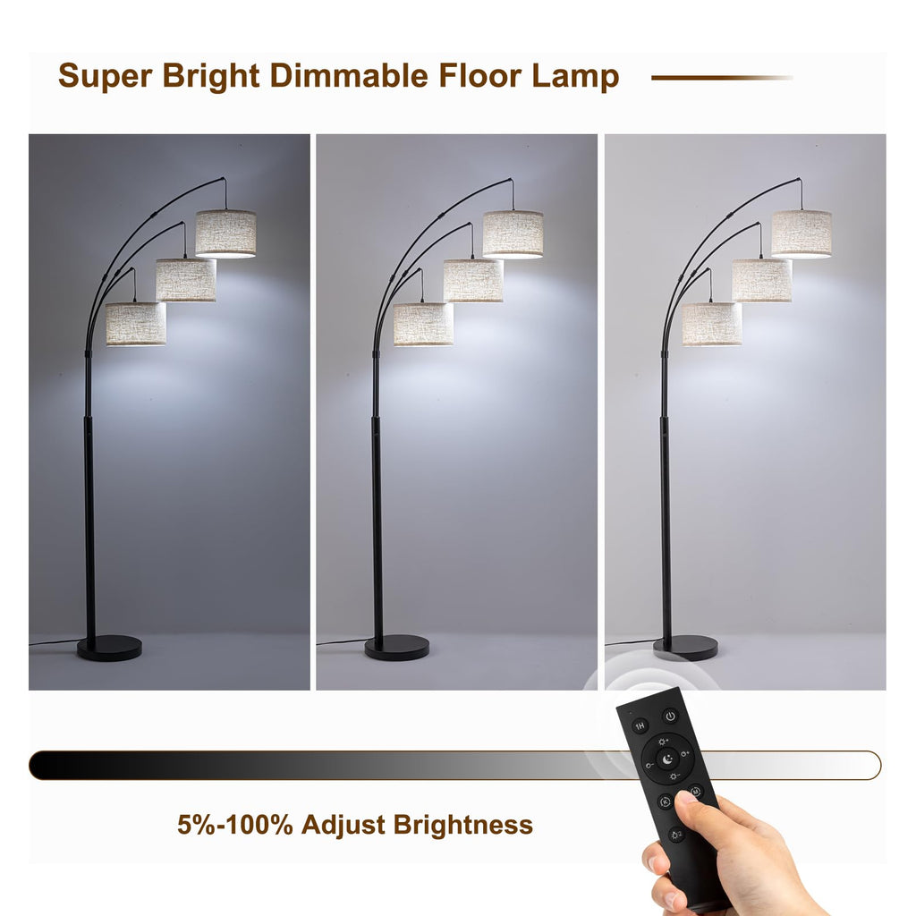 3 Light Arc Floor Lamp with Remote, Beige Shade Black Pole