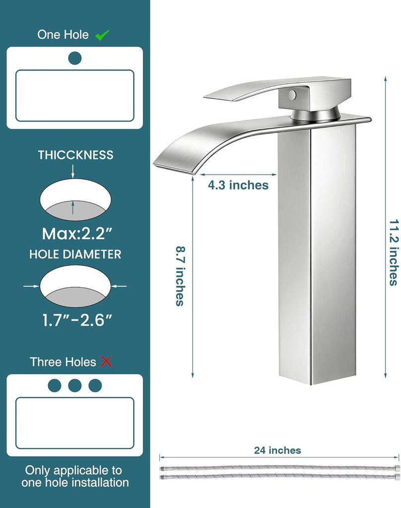 Brushed Nickel Vessel Sink Faucet, Tall Waterfall Bathroom Faucet