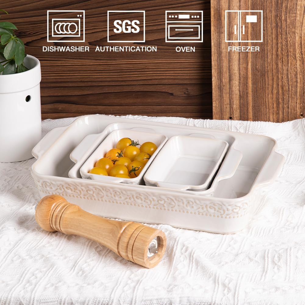 Casserole Dishes for Oven, Ceramic Bakeware Set of 4, Rectangular Dish with Handles, Lasagna Pans for Cooking