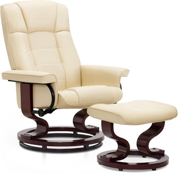 Modern Reclining Swivel Lounge Chair and Ottoman — White Faux Leather