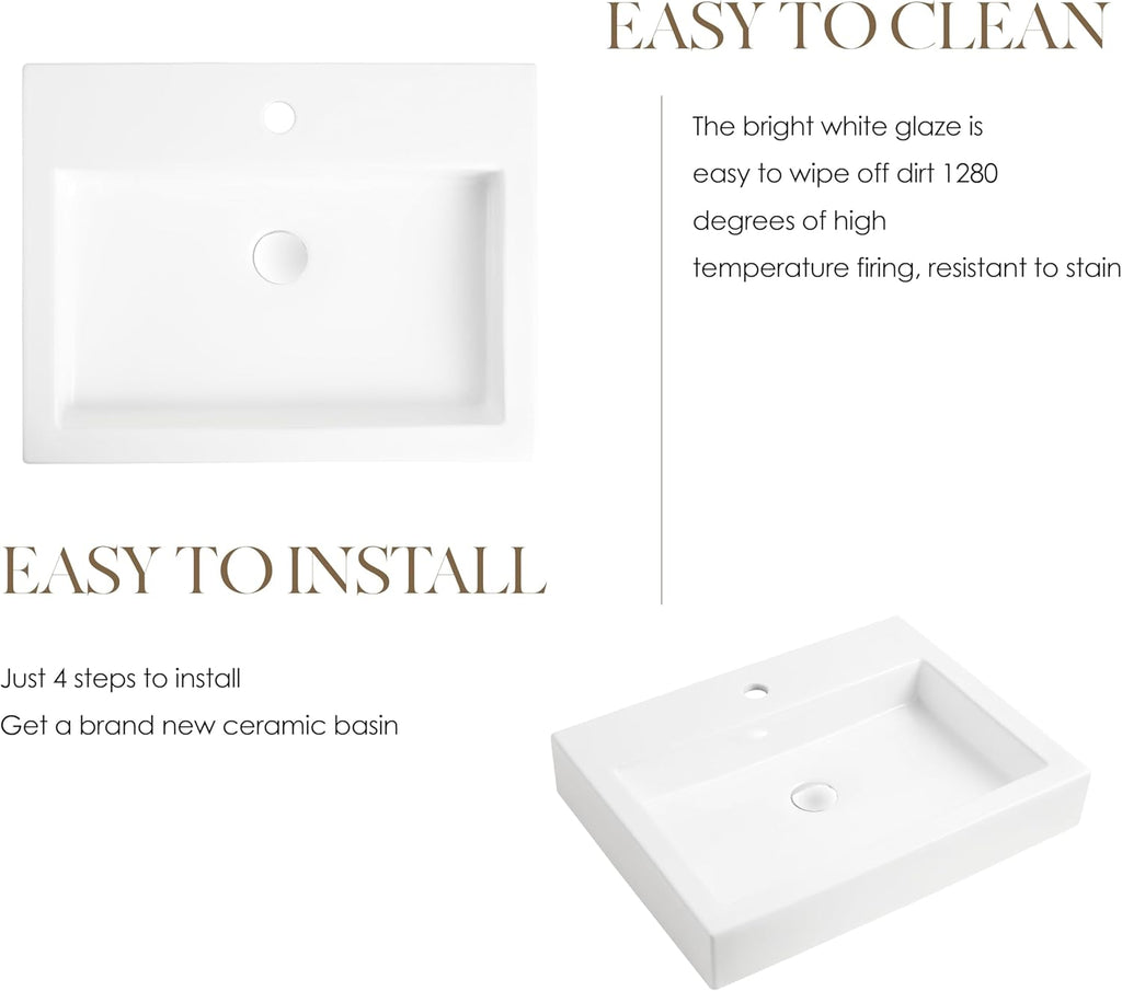 24 x18 Inch Rectangular White Bathroom Vessel Sink