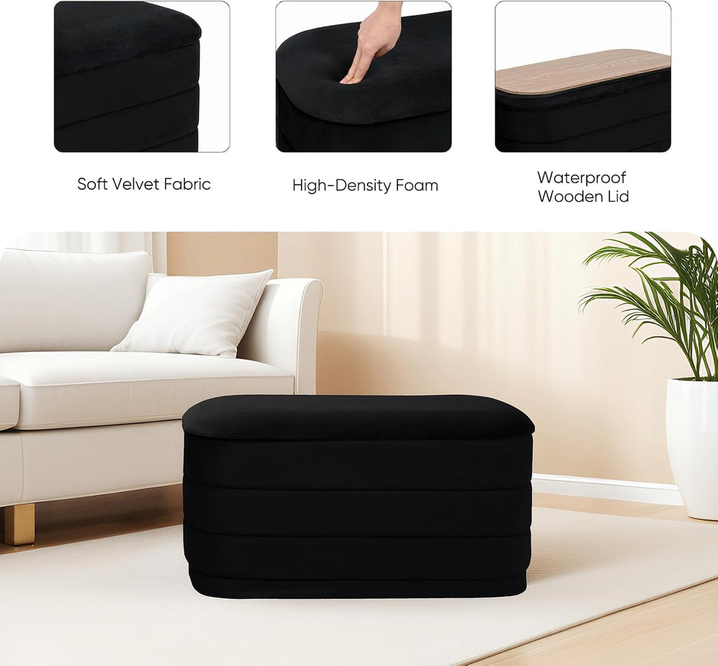 30" Velvet Storage Ottoman Bench with Wooden Tray Lid, Folding Large Upholstered Ottoman Footstool , Rectangular