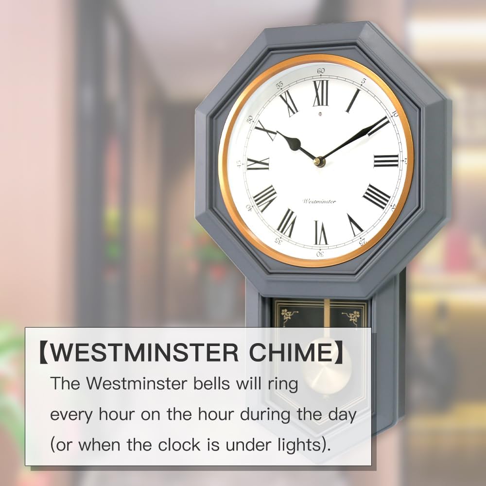 Plastic Pendulum Clock. Sturdy Gray Frame. Westminster Chime Every Hour,Elegant,Traditional Schoolhouse,Home,Office,Living Room,Bedroom.