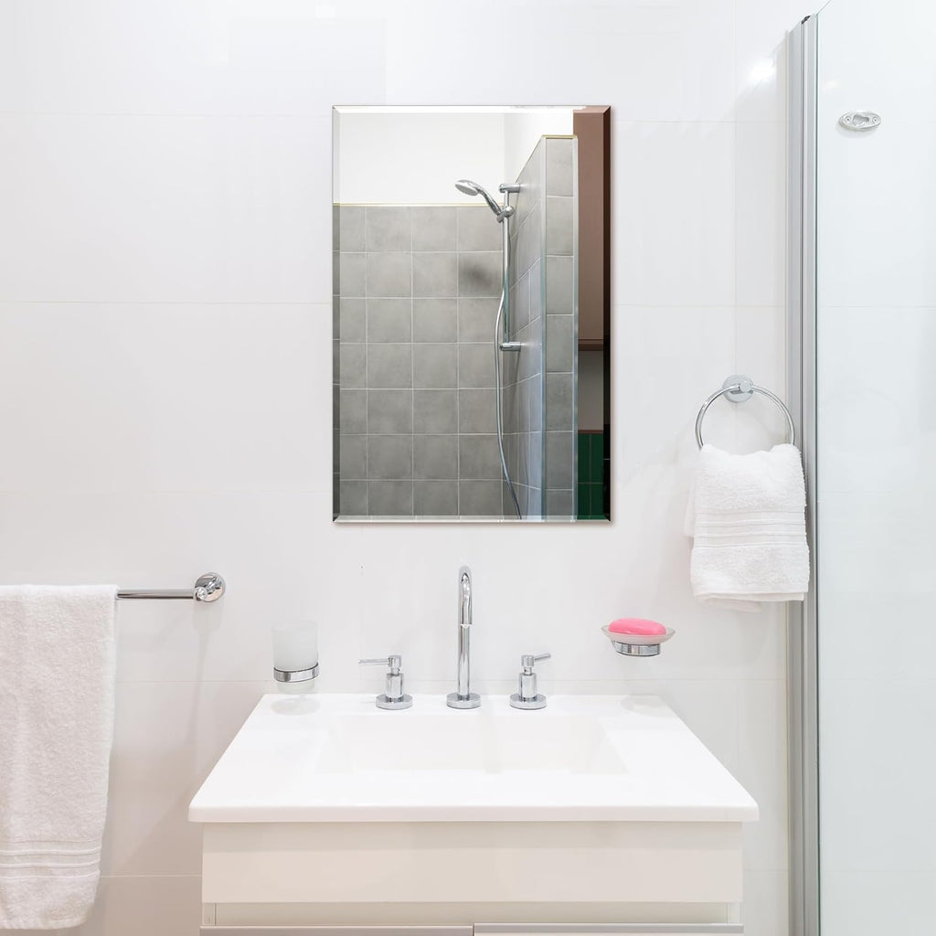 Frameless Bathroom Mirror for Wall, Rectangle Beveled Edge Mirror for Over Sink, Tempered Glass, Shatterproof, Hangs