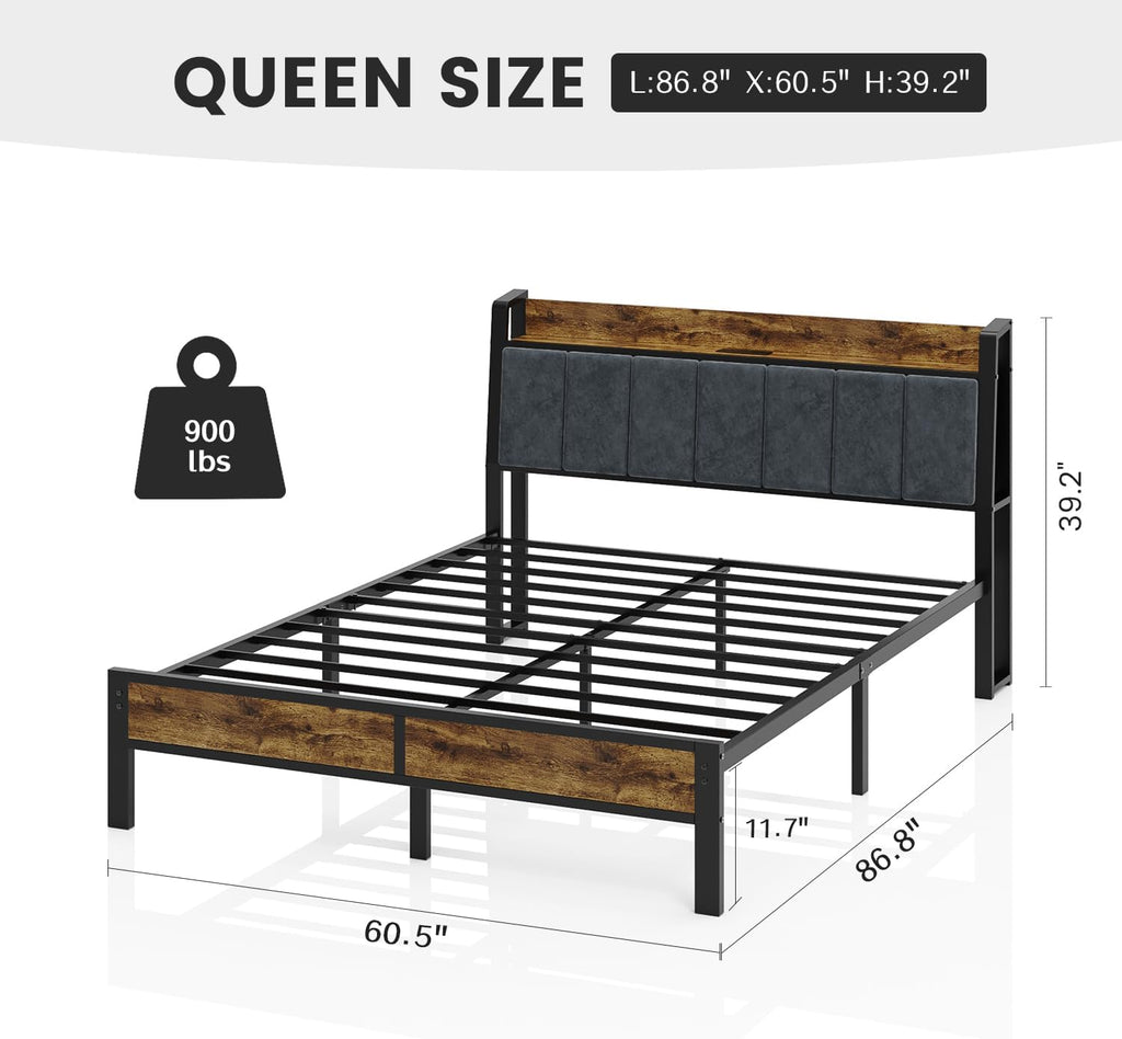 Queen Bed Frame with Wood Headboard, Metal Platform Bed with USB Charging Station and Smart LED Lights, No Box Spring