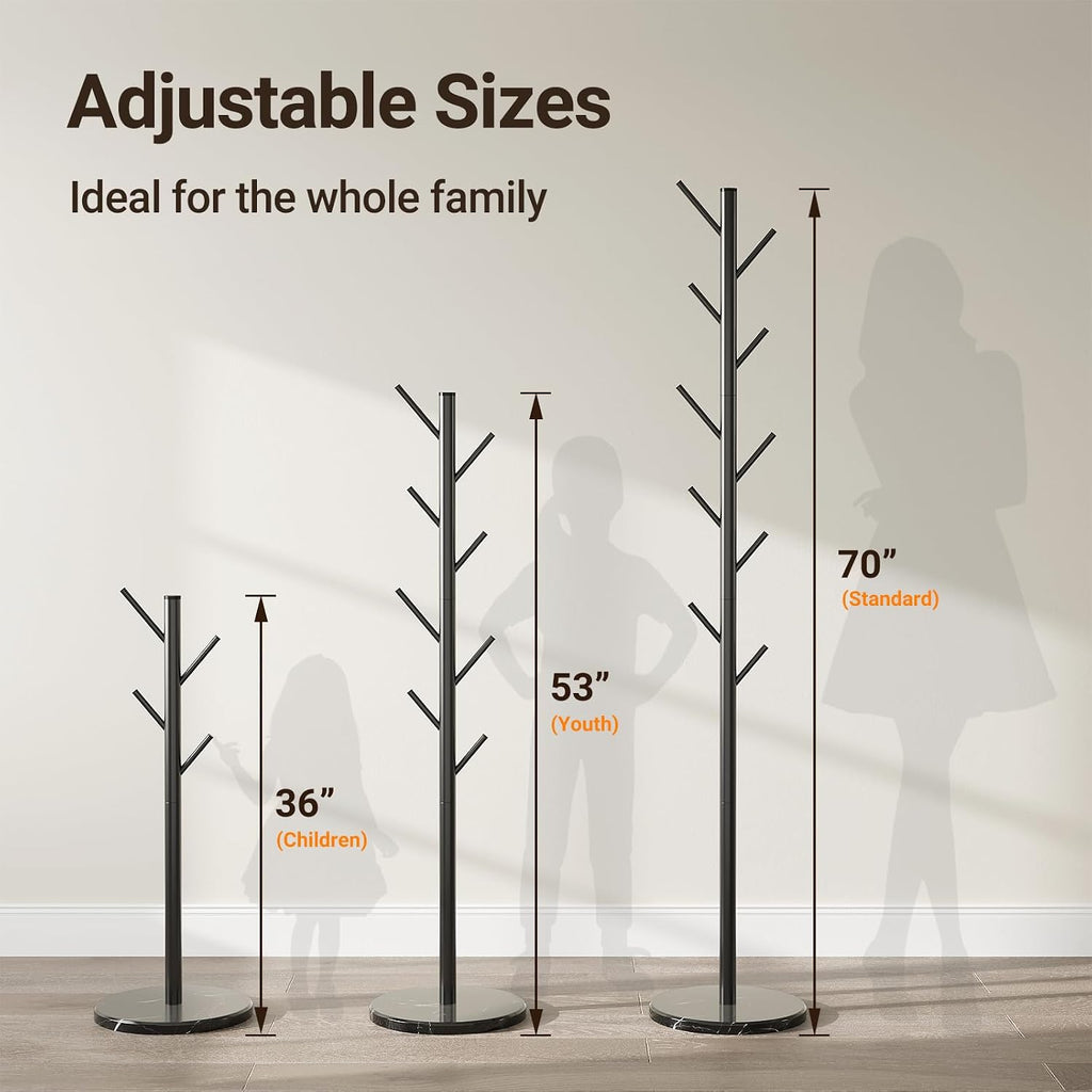 Coat Rack Freestanding, Metal Coat Rack with Natural Marble Base | 10 Hooks, 3 Adjustable Heights, Heavy Duty Coat