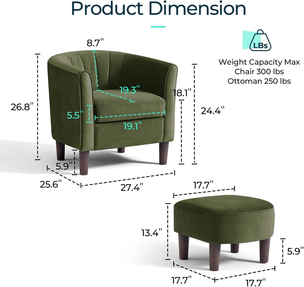 Accent Chair with Ottoman, Modern Barrel Chair Comfy Armchair Reading Chair with Footrest, Small Round Arms Chair