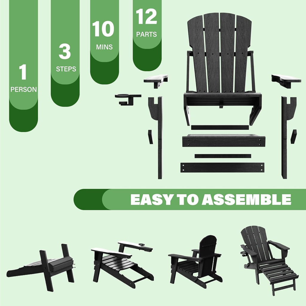 Folding Adjustable Adirondack Chair with Retractable Ottoman, HDPE Recliner Adirondack Chair with Cup Holder for Deck