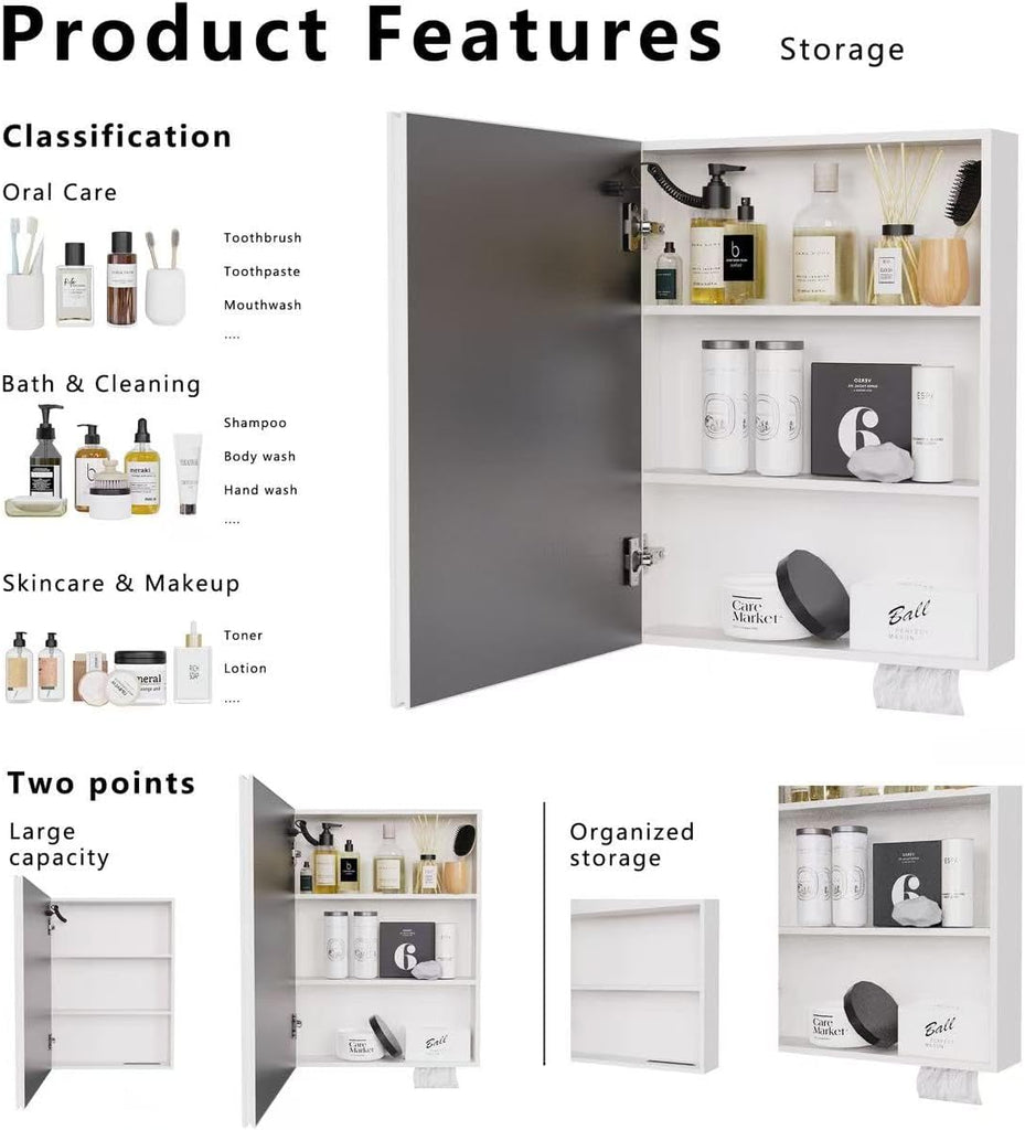 LED Bathroom Medicine Cabinet, Aluminum Anti-Fog Mirror Cabinet with Single Door, Wall-Mounted Storage, Multi-Layer