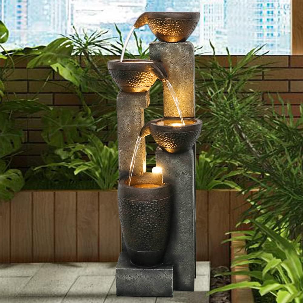 40''H Water Fountain Outdoor Decor, 4-Tier Crocks Fountains for Outsides with LED Lights, Indoor Waterfalls Fountain