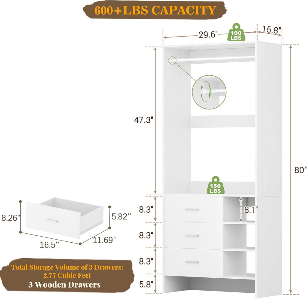 2.5FT Closet System with 3 Drawers, 29.5'' Closet Organizer, Wood Closet Organizer System, Walk-in Closet or Small