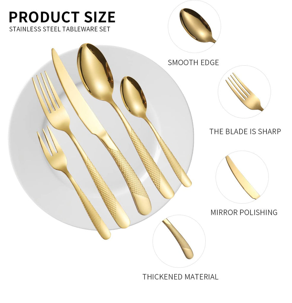Hammered Silverware Set Gold Modern Stainless Steel Flatware for 4 Forks Knives and Spoons Party Dinning Utensils