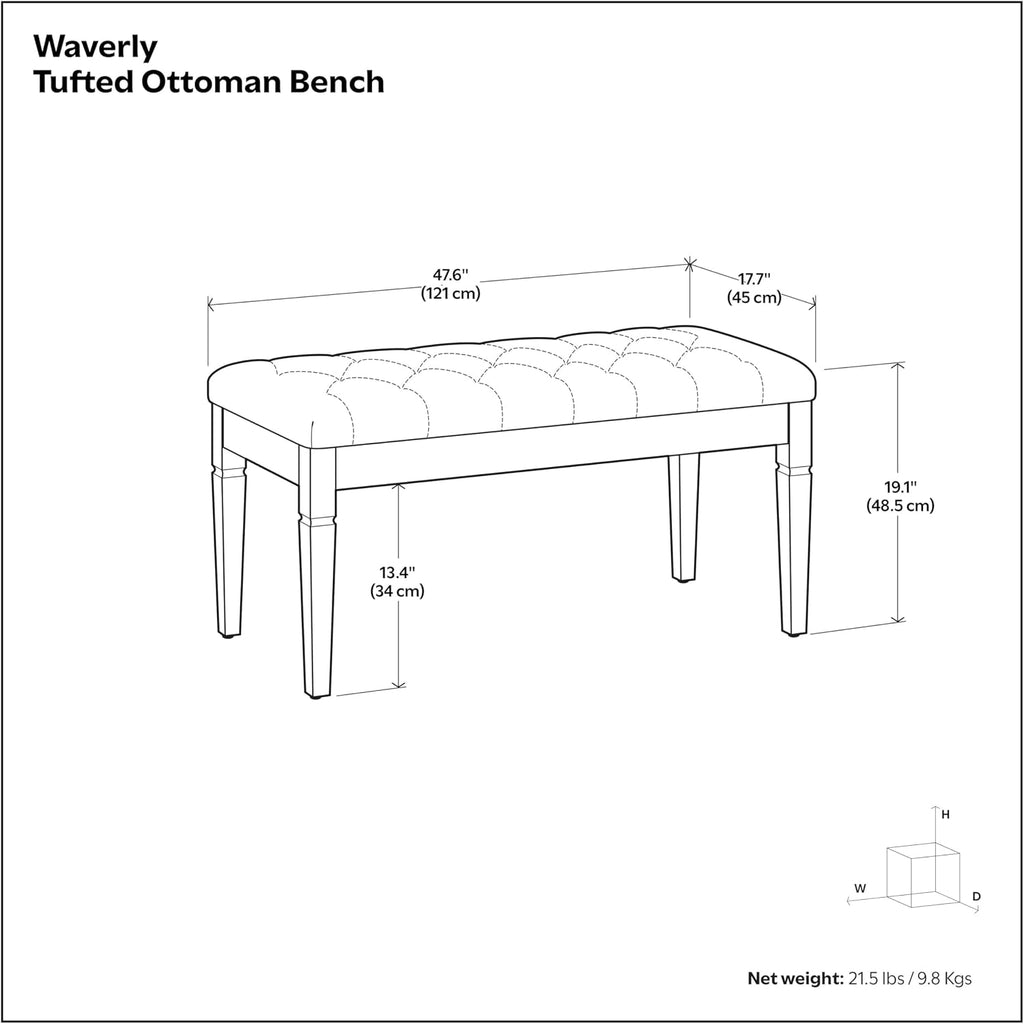Waverly Tufted Ottoman Bench - 48 inch Wide Upholstered Linen Look Fabric Rectangle Footstool Ottoman in Wheat Beige