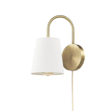 Hardwire or Plug-in Wall Sconce, Matte Brass, White Textured Shade, Arched Arm, Lighting, Home Decor, Lights