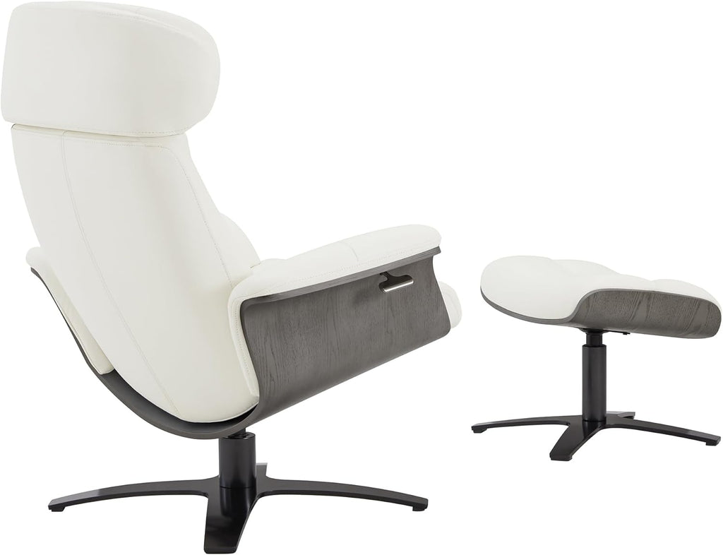 Modern Reclining Swivel Lounge Chair and Ottoman — White Genuine Leather