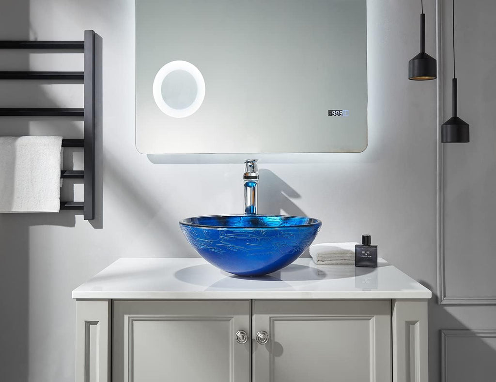 Blue OceanMystery Series Tempered Deco Glass Vessel Bathroom Sink in Starry Blue | Top Mount Sinks Above Countertop |