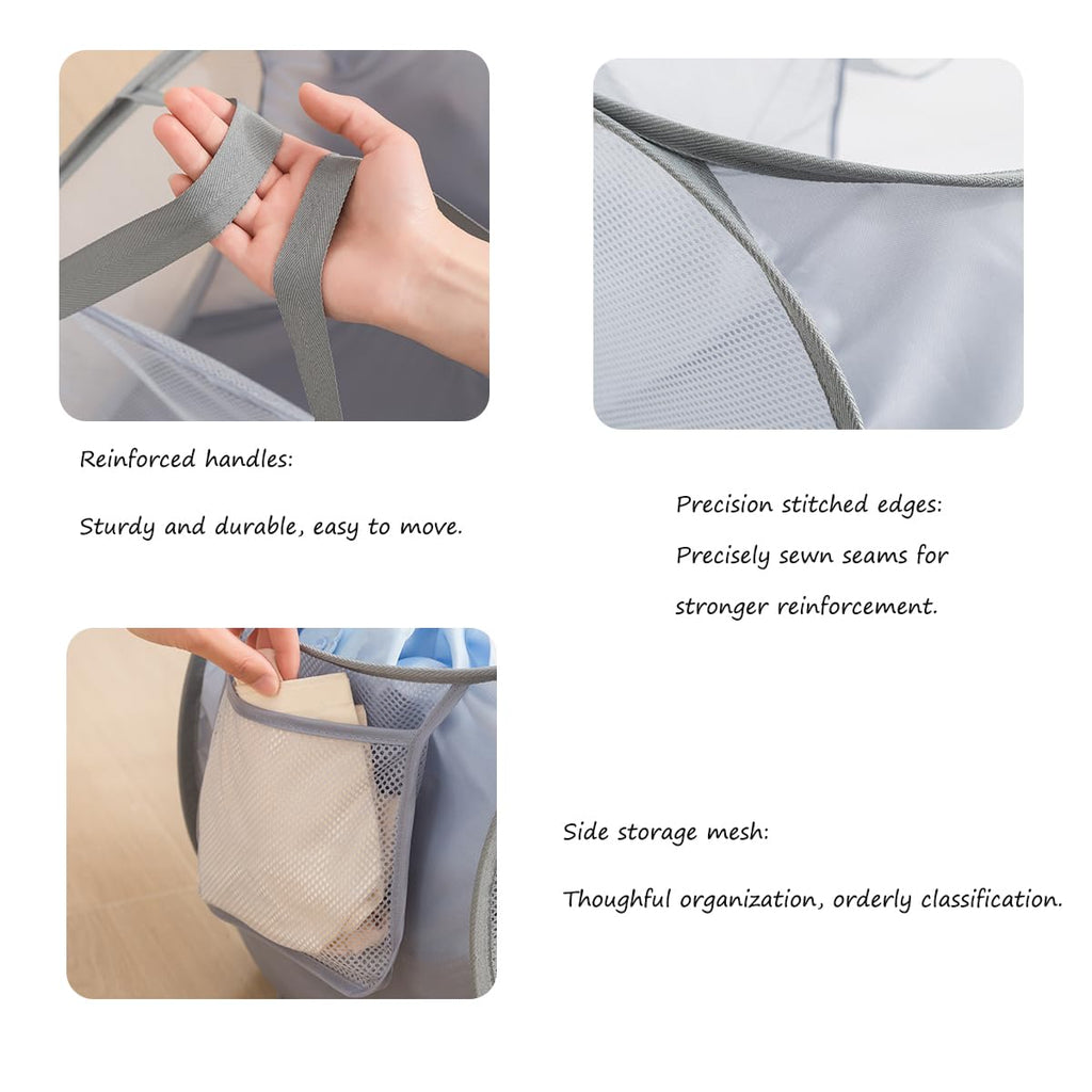Mesh Laundry Hamper Basket, Sturdy 3 Compartments Laundry Basket, Foldable Pop up Laundry Hamper with Side Pocket for