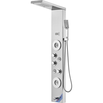 Shower Panel Tower System, 6 Shower Modes, LED & Display Shower Panel, Rainfall, Waterfall, 4 Body Massage Jets, Tub