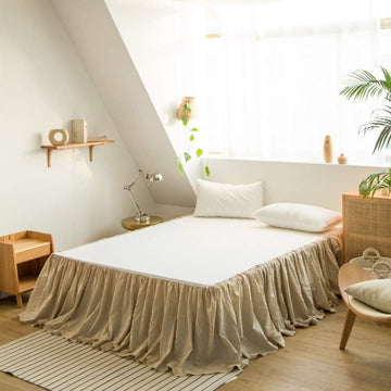 French Linen Bed Skirt with Pleated Frills 18-Inch Tailored Drop Natural Flax Cotton Blend Dust Ruffle Soft Cozy