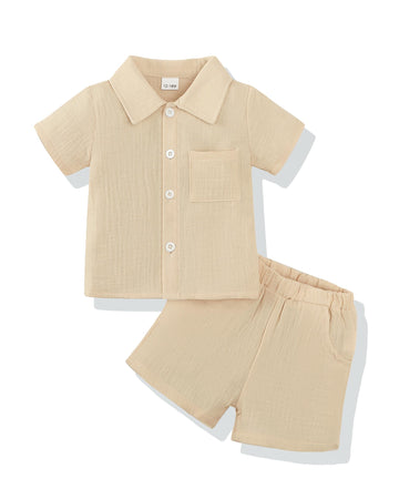 Toddler Boy Outfit - Beige Cotton Linen Button Up Shirt and Shorts Set, Boys Outfits Soft Lightweight