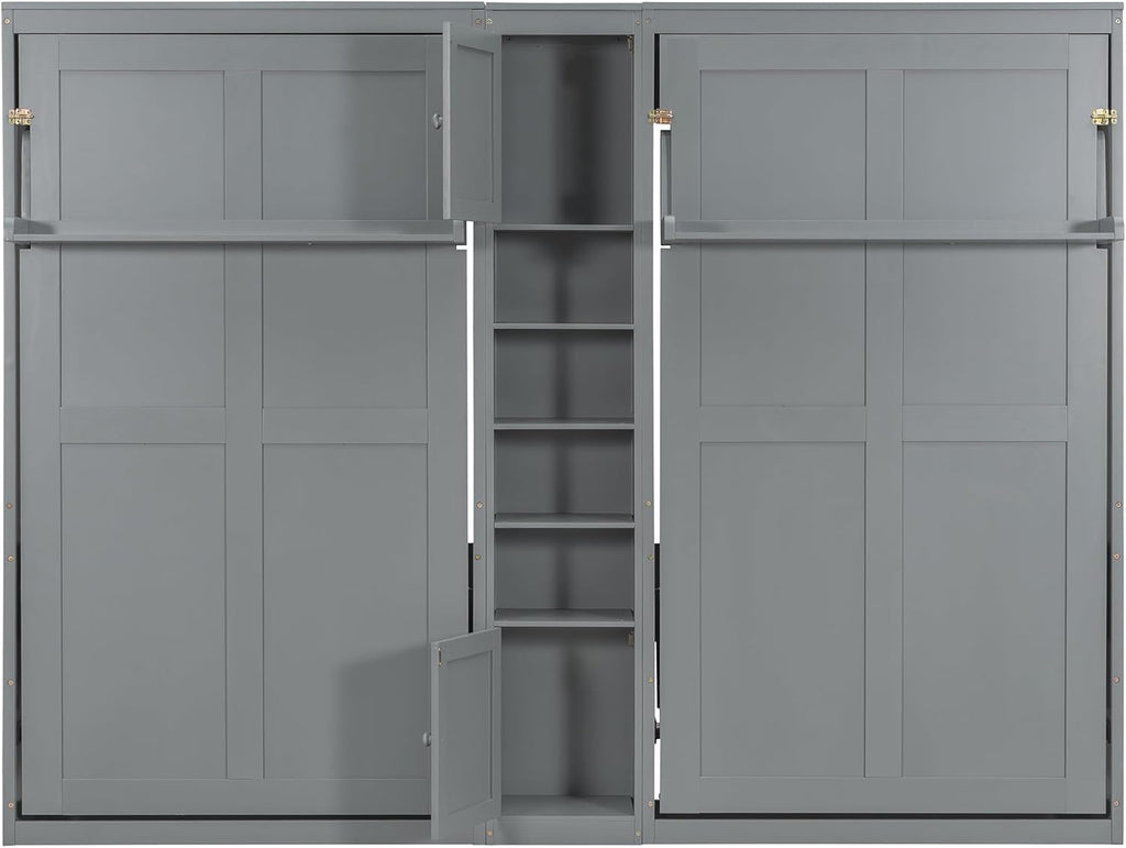 Dual Twin Murphy Beds with Storage Shelves and Cabinets, Pine Wood Space-Saving Hideaway Double Murphy Wall Beds with Storage,Support Legs and Slats